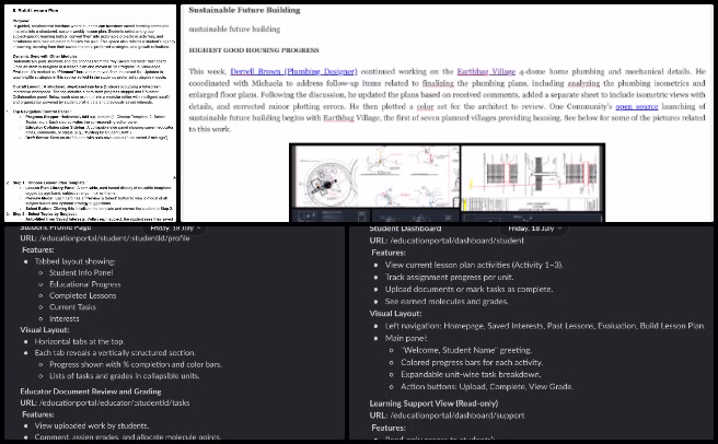 Highest Good Education, Community based DIY Sustainable Infrastructure, One Community Weekly Progress Update #644, developer onboarding, education platform synchronization, teacher dashboard updates, student dashboard interface, lesson plan builder, HGN Phase 4 documentation, Figma design access, weekly blog update, housing progress review, blog page editing