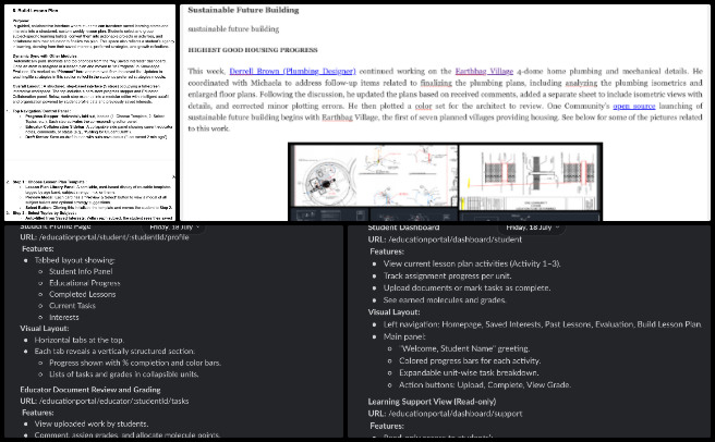 Highest Good Education, Community based DIY Sustainable Infrastructure, One Community Weekly Progress Update #644, developer onboarding, education platform synchronization, teacher dashboard updates, student dashboard interface, lesson plan builder, HGN Phase 4 documentation, Figma design access, weekly blog update, housing progress review, blog page editing