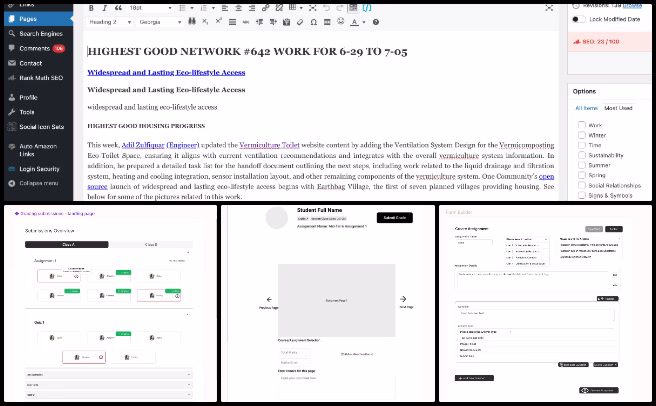 Highest Good Education, Sustainable Future Building, One Community Weekly Progress Update #643, Figma dashboard design, student dashboard UI, teacher dashboard UX, grade submissions page design, activity dropdown interface, assignment submission layout, generic form task builder, education platform design, weekly blog update, housing team project review