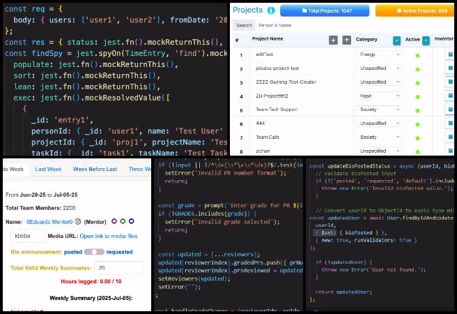 One Community Weekly Progress Update #642, Weekly PR Grading Interface, Volunteer Hours Donut Chart, Team Code Copy-Paste Bug Fix, Time Entry Controller Testing, Auto-poster Feature for Twitter/X, Full-stack Pull Request Review, UI Enhancements and Alignment Fixes, Widespread and Lasting Eco-lifestyle Access, Self-replicating Highest Good Creation