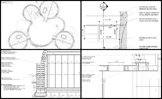 Earthbag Village, How to Make a Difference in the World, One Community Weekly Progress Update #645, Earthbag Village architectural design, attic framing 2x8 joists, sustainable dome construction, open source building plans, eco-friendly village architecture, community-based housing solutions, construction document detailing, plumbing wall section drawing, dome structure alignment, One Community sustainable architecture