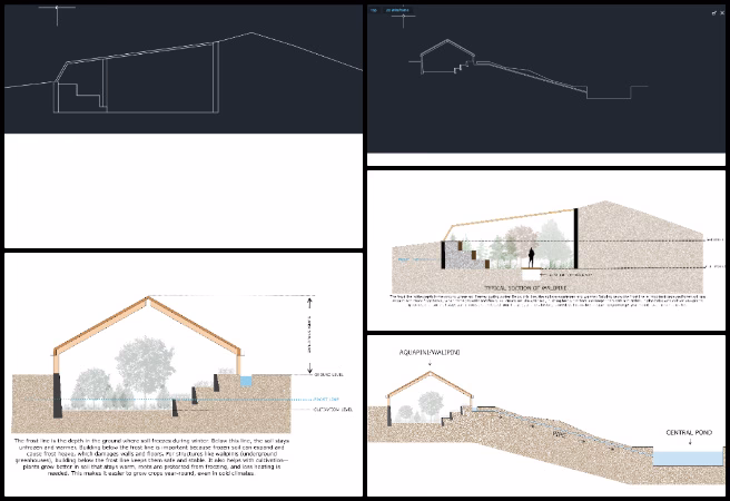 Highest Good Food, Community-based DIY Sustainable Infrastructure, One Community Weekly Progress Update #644, Walipini and Aquapini section illustrations, 2D sectional drawing creation, airflow and water flow visualization, AutoCAD drafting, GIMP rendering enhancements, frost line impact research, underground climate stability, gravity-fed drainage design, passive climate control trench, thermal simulation integration.