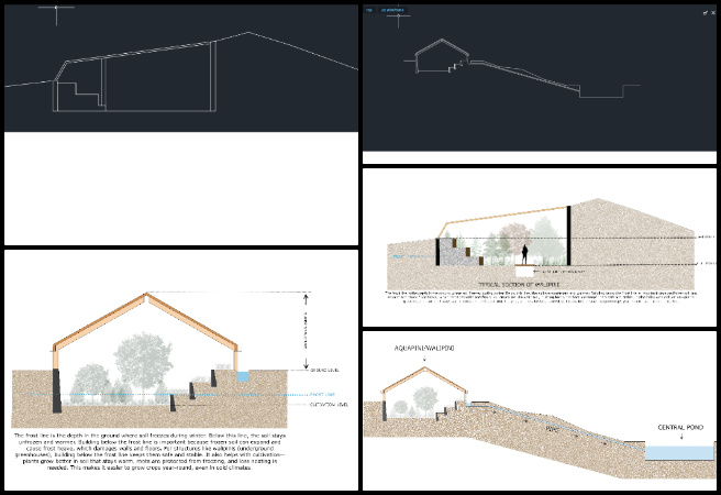 Highest Good Food, Community-based DIY Sustainable Infrastructure, One Community Weekly Progress Update #644, Walipini and Aquapini section illustrations, 2D sectional drawing creation, airflow and water flow visualization, AutoCAD drafting, GIMP rendering enhancements, frost line impact research, underground climate stability, gravity-fed drainage design, passive climate control trench, thermal simulation integration.