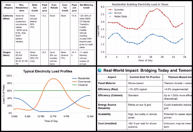 Highest Good Energy, Sustainable Future Building, One Community Weekly Progress Update #643, off-grid vs on-grid profit analysis, solar microgrid research, sustainable energy practices, solar incentive programs comparison, net metering policy analysis, remote energy infrastructure modeling, titanium-based solar technology, renewable energy system design, residential and commercial energy load profiles, peak energy demand analysis.