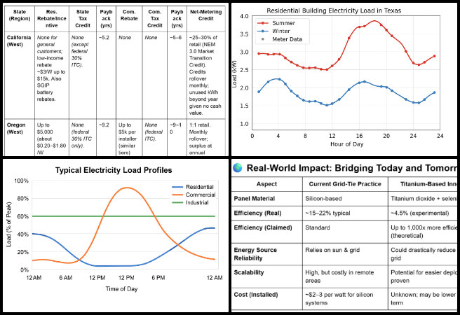Highest Good Energy, Sustainable Future Building, One Community Weekly Progress Update #643, off-grid vs on-grid profit analysis, solar microgrid research, sustainable energy practices, solar incentive programs comparison, net metering policy analysis, remote energy infrastructure modeling, titanium-based solar technology, renewable energy system design, residential and commercial energy load profiles, peak energy demand analysis.