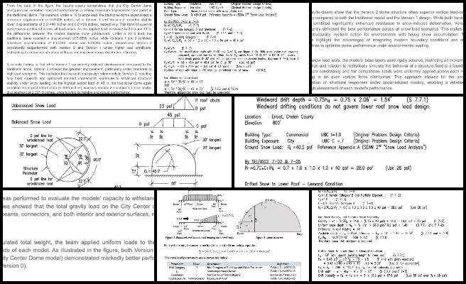 Shu Tsun, Duplicable City Center, Widespread and Lasting Eco-lifestyle Access, One Community Weekly Progress Update #642, snow load analysis, structural model validation, roof load distribution, flat vs dome roof comparison, structural performance under snow, architectural load simulation, snow load on buildings, comparative roof geometry study, structural engineering report, building load analysis