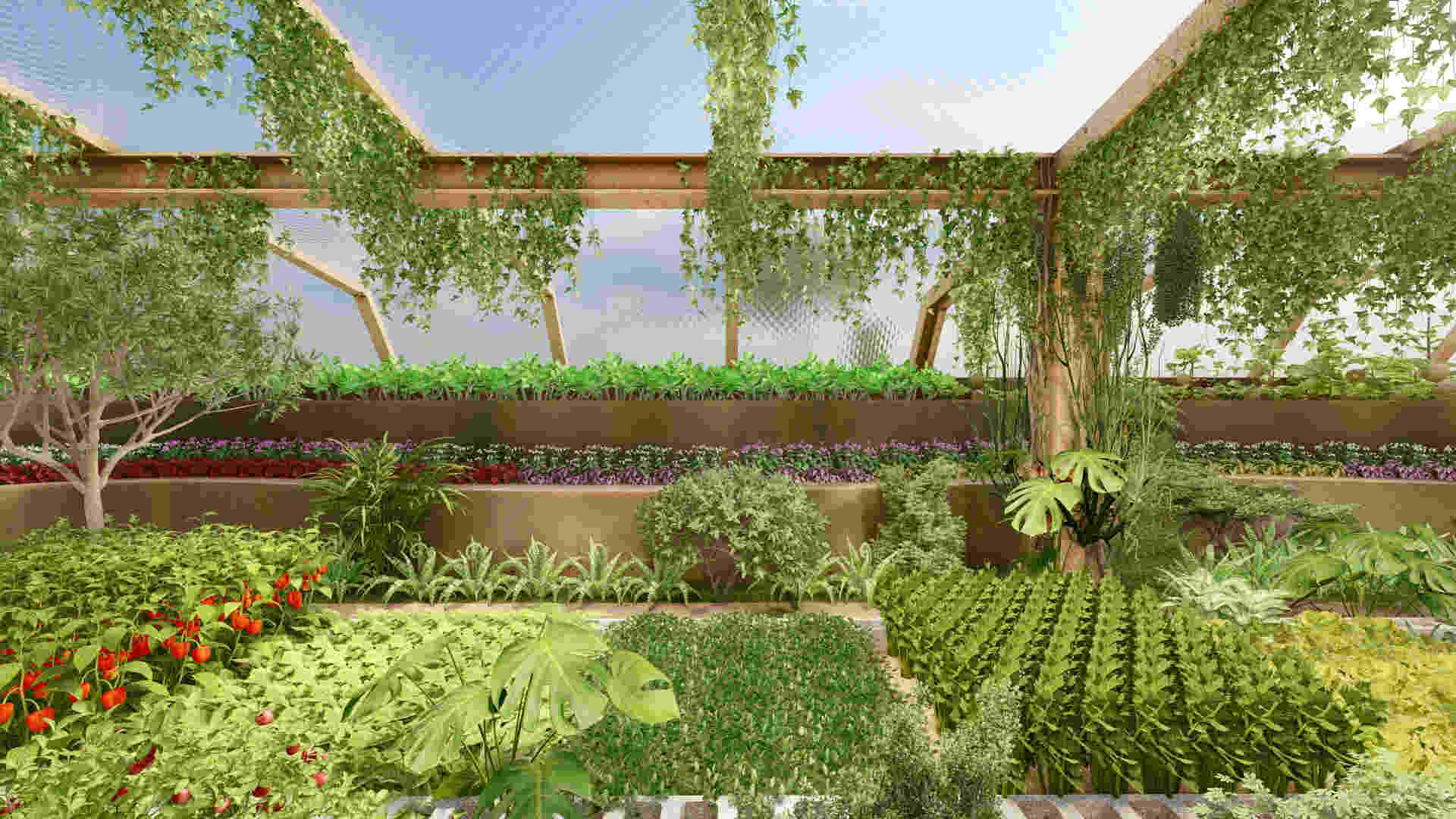 ecological pathway design, immersive garden trails, tropical rainforest-inspired landscaping, gravel and mulch trail surface, low shrub border pathways, elevated resting area access, integrated planting bed walkways, naturalistic landscape architecture, seamless garden navigation, sensory landscape experience