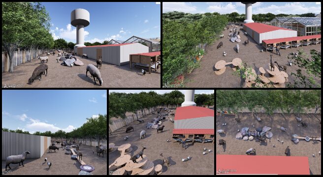 Yan Zu, Duplicable City Center, Sustainable Future Building, One Community Weekly Progress Up #643, animal area arrangement, realistic landscape design, natural environment simulation, animal interaction optimization, plant placement adjustment, material texture refinement, small landscape element alignment, cohesive scene design, visually engaging environment, design narrative enhancement