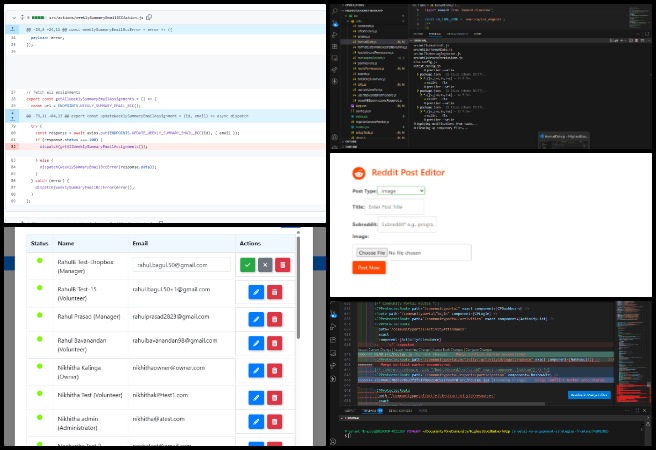 weekly admin update, backend synchronization, local testing pull request, Node development environment setup, merge conflict resolution, auto-poster feature 