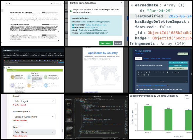 CodeCrafters, Highest Good Network Software, Highest Good Future Building, One Community Weekly Progress Update #649, deprecated package fixes, country of application map chart, EventPage comments threading feature, access management automation improvements, badge earn-date issue, Google Gemini AI integration, job posting page analytics, supplier performance bar graph, deliverables task assignment system, highest good future building