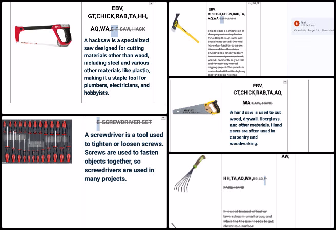 Highest Good Food, Sustainable Resource Development and Access, One Community Weekly Progress Update #646, Master Tools and Equipment list review, materials and supplies updates, project-specific acronym additions, outdated acronym replacements, inventory list corrections, tool name standardization, comma insertion for clarity, pulaski and pruning saw updates, hand and leaf rake entries, tool categorization refinement.