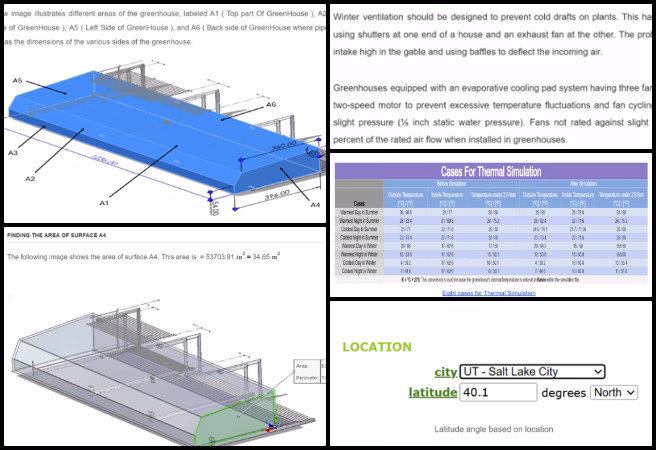 Highest Good Food, Sustainable Resource Development and Access , One Community Weekly Progress Update #646, Greenhouse ventilation updates, heat calculation revisions, solar radiation exposure analysis, sun angle and surface area assumptions, heat gain equation explanation, underground pipe stress-strain equation, latitude-based heat gain variation, thermal case Excel documentation, linked Google Doc with visuals, greenhouse thermal analysis.