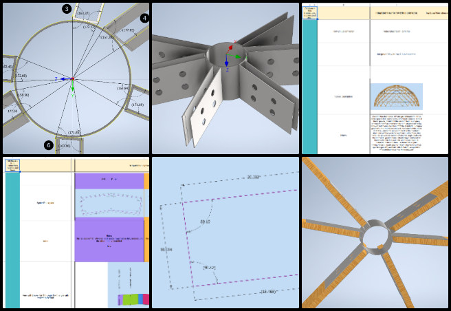 Nikhil, Duplicable City Center, Sustainable Resource Development and Access, One Community Weekly Progress Update #646, dome assembly hub connector, twisted spoke identification, 3D and 2D spoke images, spoke beam spreadsheet update, hub angle measurement, assembly soft-secure guide, updated beam construction, bolt clearance adjustment, dome connector spreadsheet, dome structural redesign