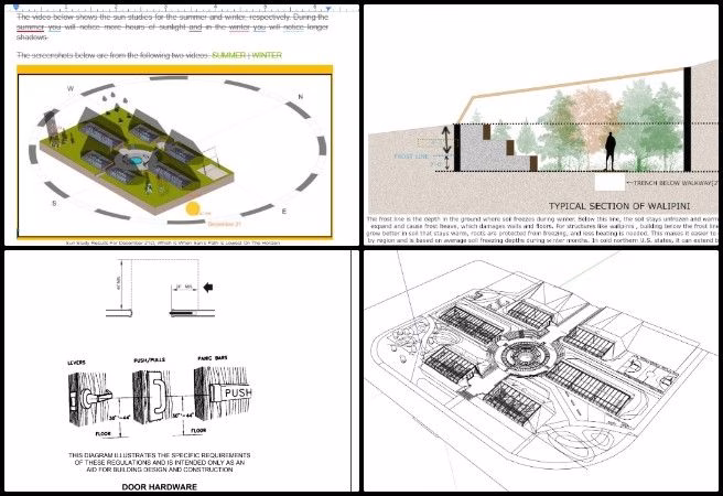 Nitin , Highest Good Food , Creating an Ecological Living Paradigm , One Community Weekly Progress Update #647, Architect, ADA provisions, accessibility guidelines, Walipini design updates, greenhouse design, design feedback, architectural revisions, axonometric drawing, spatial relationships, massing design, site layout, scale and dimensions, GIMP sun path diagram, solar exposure, shading analysis, sustainable architecture, ecological living, open source design