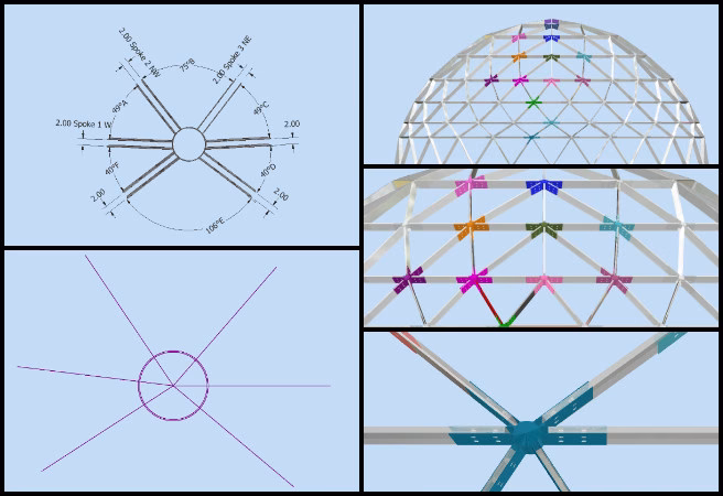 Row 3 assembly design, hub connector annotation, beam alignment and orientation, part connection documentation, assembly spreadsheet preparation, row 2 vs row 3 consistency, structural part naming system, dome assembly review, hub connector component identification, architectural design assembly
