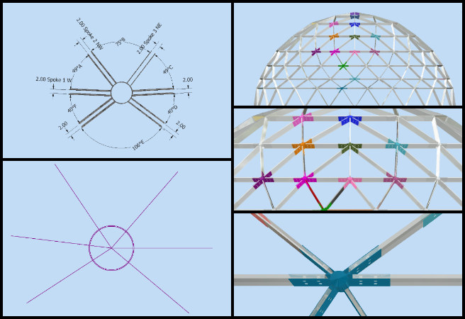 Row 3 assembly design, hub connector annotation, beam alignment and orientation, part connection documentation, assembly spreadsheet preparation, row 2 vs row 3 consistency, structural part naming system, dome assembly review, hub connector component identification, architectural design assembly