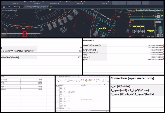 Spa pool footprint design, AutoCAD construction layout, SolidWorks assembly update, thermal calculation workbook, evaporation heat loss model, Magnus relation application, spa energy cost analysis, Duplicable City Center spa design, sustainable pool heating system, construction energy efficiency analysis