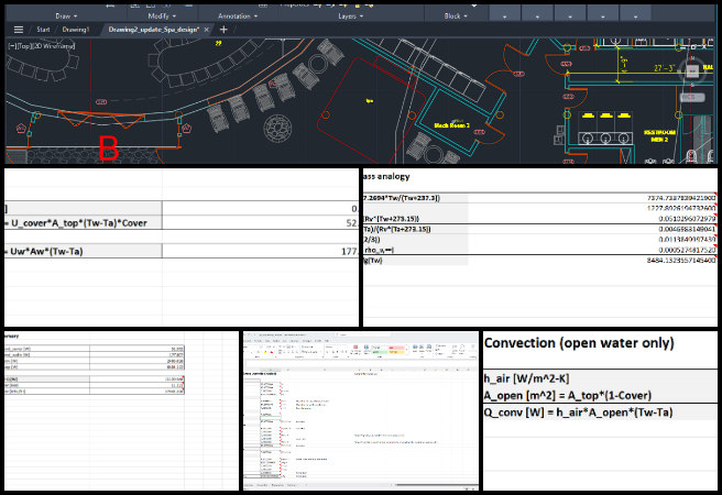 Spa pool footprint design, AutoCAD construction layout, SolidWorks assembly update, thermal calculation workbook, evaporation heat loss model, Magnus relation application, spa energy cost analysis, Duplicable City Center spa design, sustainable pool heating system, construction energy efficiency analysis