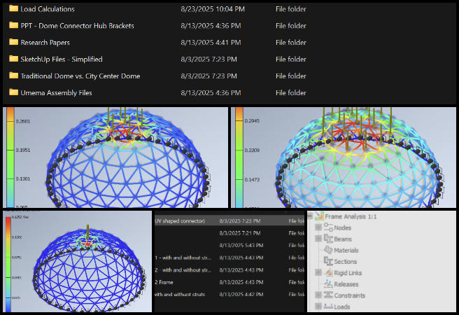 Snow load dome analysis, Duplicable City Center dome, stress test calculations, thermal factor analysis, exposure factor in construction, snow load structural verification, sustainable dome construction, open source snow load design, dome stress trend confirmation, construction documentation archive