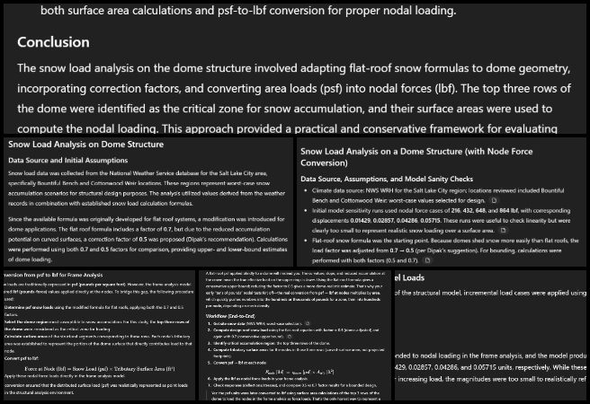 Snow load analysis verification, dome model accuracy, structural surface area conversion, construction load testing, snow load documentation, dome analysis revisions, construction model updates, engineering calculation corrections, dome structure validation, project file organization