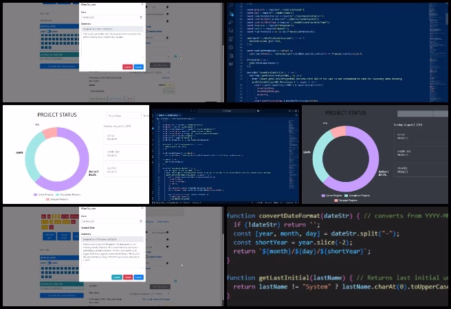highest good network, alpha software team, ecological living paradigm, blue square fix, project status donut chart, bootstrap layouts, dark mode design, css breakpoints, backend development, frontend updates, sustainable technology, team collaboration, internal management platform, responsive design, postman testing