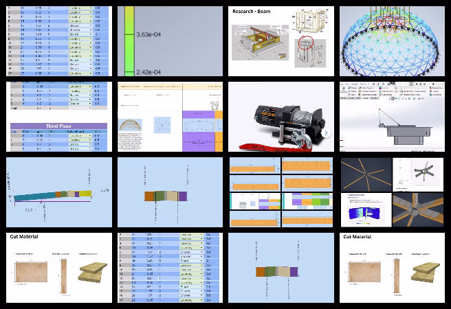 Duplicable City Center design updates, dormer window design improvements, FEA structural analysis, dome beam modification, sustainable architecture documentation, spa tub redesign and cable system, snow load calculation refinement, greywater plumbing system optimization, 3D modeling for construction, sustainable building engineering.