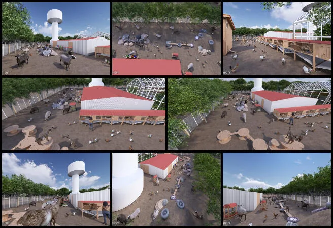 Animal section renders, architectural walkaround videos, 3D scene corrections, real-time render updates, visual asset alignment, camera path adjustments, scene composition refinement, project feedback implementation, architectural visualization workflow, design review corrections