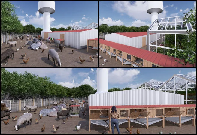 One Community Weekly Progress Update #654, Open Sourcing the World We Want, Duplicable City Center animal section renderings, exterior walkthrough files Lumion SketchUp, sustainable architecture perspective refinements, water tower distortion corrections, landscape area design DCC, open source architectural design One Community, global sustainability through 3D modeling, innovative eco-architecture visualization