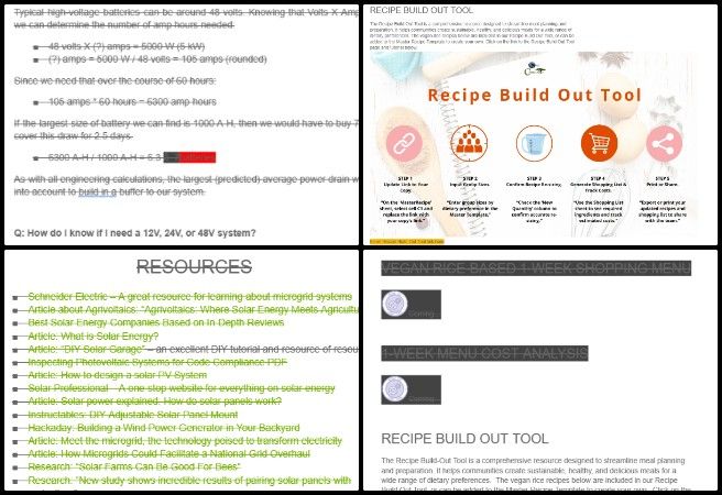 Core Team T , Highest Good Food , Open Source Utopia Models , One Community Weekly Progress Update #651, Highest Good Food documents, Transition Kitchen reports, Food Bars report, Recipe Build-Out Tool Tutorial, Food Procurement and Storage, Food Self-Sufficiency Plan, vegan and omnivore recipe pages, Off-Grid vs Grid-Tie Analysis, Solar Energy Microgrid Setup, One Community open source utopia models