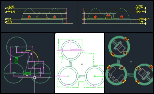 Earthbag Village, Creating a Sustainable World to Benefit Us All, One Community Weekly Progress Update #653, Earthbag Village three-dome plans, civil engineering construction drawings, sustainable housing elevation plans, dome circle location layout, excavation plan updates, windows and door detail identification, eco-friendly village infrastructure, open source construction template use, regenerative community housing design, community-scale sustainable development 