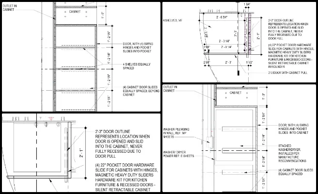 Earthbag Village, Global-Sustainability Systems Design, One Community Weekly Progress Update #652, Earthbag Village construction documents, sustainable kitchen design, stacked washer and dryer layout, pantry cabinet alternative design, eco-friendly home interior planning, architectural section and plan details, open source housing design, regenerative village architecture, green building documentation, community-scale sustainable living solutions