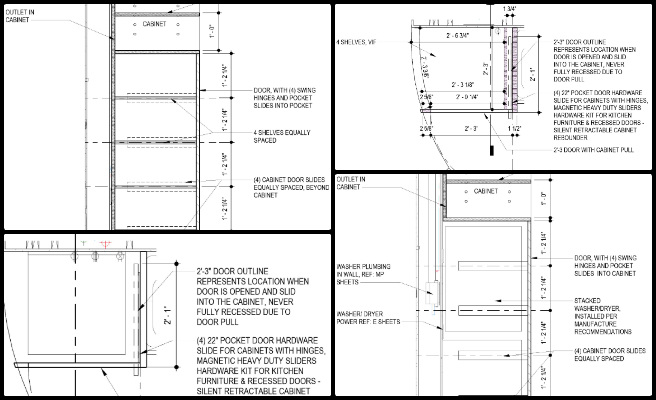 Earthbag Village, Global-Sustainability Systems Design, One Community Weekly Progress Update #652, Earthbag Village construction documents, sustainable kitchen design, stacked washer and dryer layout, pantry cabinet alternative design, eco-friendly home interior planning, architectural section and plan details, open source housing design, regenerative village architecture, green building documentation, community-scale sustainable living solutions