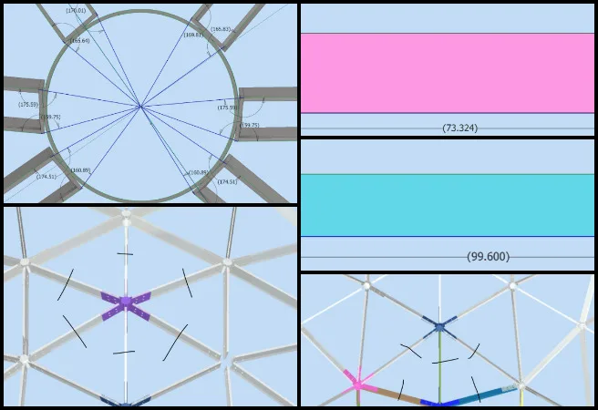 2D flattened drawings, dome assembly integration, hub connector modeling, beam cut angles, color-coded fabrication plans, spoke fabrication drawings, structural clearance planning, dome assembly spreadsheet, beam fit adjustments, CAD assembly documentation