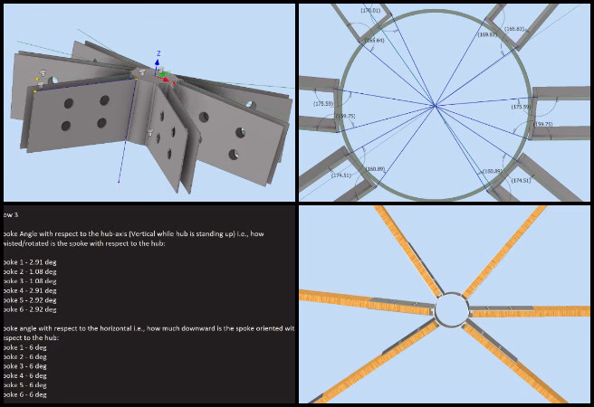 Hub and spoke design, 2D flattened drawings, dome assembly integration, central hub fabrication, beam clearance adjustments, spoke angle calculations, structural assembly spreadsheet, dome connector engineering, fabrication drawing preparation, assembly instruction updates