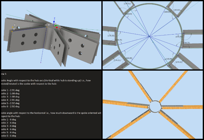 Hub and spoke design, 2D flattened drawings, dome assembly integration, central hub fabrication, beam clearance adjustments, spoke angle calculations, structural assembly spreadsheet, dome connector engineering, fabrication drawing preparation, assembly instruction updates