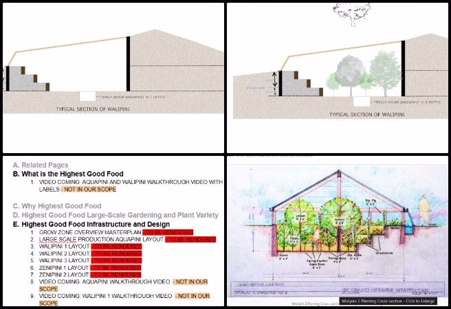 Nitin , Highest Good Food , Open Source Utopia Models , One Community Weekly Progress Update #651, Highest Good Food project, Walipini 2 cross section, sustainable greenhouse design, planting pattern research, structural and planting layout, GIMP rendering with textures, soil layers and planting zones, sustainable architectural visualization, One Community open source platform, open source utopia models
