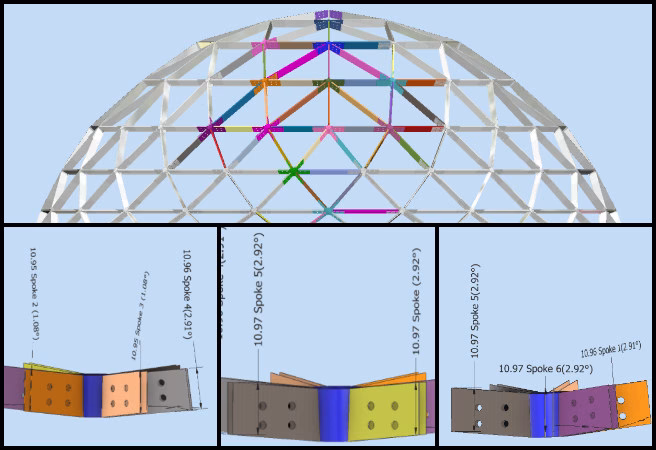 Row 3 assembly design, beam view updates, cut angle documentation, structural alignment design, dome project spreadsheet, assembly orientation details, architectural beam design, dome construction reference, dome assembly updates, project documentation accuracy