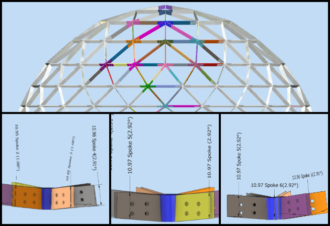 Row 3 assembly design, beam view updates, cut angle documentation, structural alignment design, dome project spreadsheet, assembly orientation details, architectural beam design, dome construction reference, dome assembly updates, project documentation accuracy