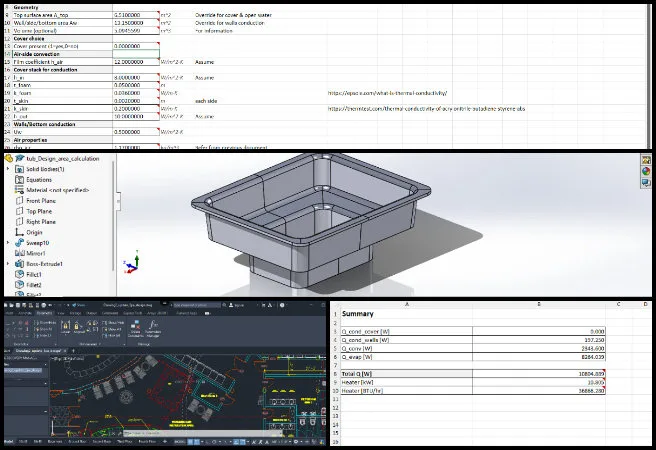 Spa layout optimization, AutoCAD clearance checks, circle packing analysis, occupant space planning, SolidWorks model update, thermal energy workbook, pool equipment clearances, heater power estimation, building envelope adjustment, pool operating scenarios