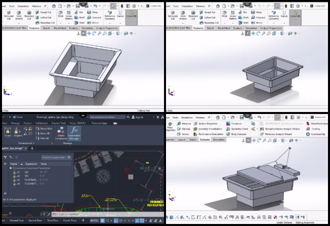 Spa area AutoCAD design, ADA compliance pool layout, SolidWorks 3D modeling, structural interference resolution, structural analysis preprocessing, assembly collision check, hardware placement design, stress analysis setup, hinge mount stress zones, structural engineering validation