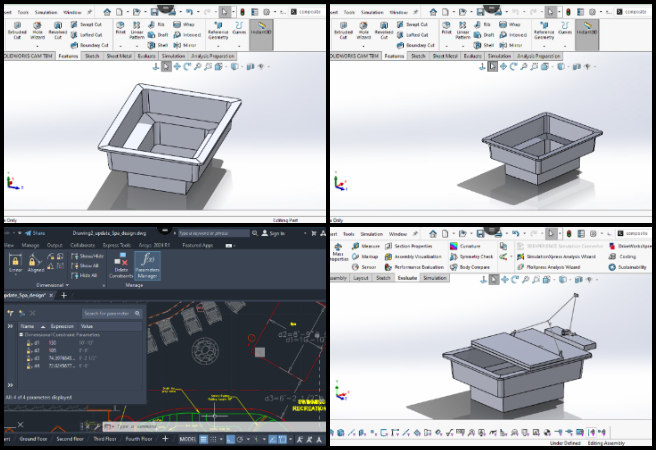 Spa area AutoCAD design, ADA compliance pool layout, SolidWorks 3D modeling, structural interference resolution, structural analysis preprocessing, assembly collision check, hardware placement design, stress analysis setup, hinge mount stress zones, structural engineering validation