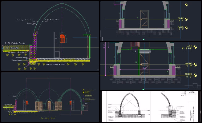 Earthbag Village, Open Source Utopia Models, One Community Weekly Progress Update #651, Earthbag Village 6-dome design, architectural section drawings, sustainable dome housing, eco-friendly village construction, open source architectural plans, regenerative community infrastructure, earthbag construction standards, architectural design refinement, community-scale sustainable housing, green building section details
