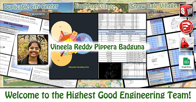 Vineela Reddy Pippera Badguna, One Community Volunteer, Highest Good collaboration, people making a difference, One Community Global, helping create global change, difference makers, design and calculations of the greywater system and City Center rainwater catchment, supporting sustainable water management initiatives
