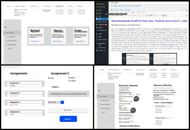 Highest Good Education, Open Sourcing a Better World for Us All, One Community Weekly Progress Update #655, Redo Assignments UI, Project Manager Dashboard, Figma design updates, sustainable flooring research, Resource Requests and Utilization, Highest Good Education Program, Licensing and Accreditation webpage, sustainable design and usability, Highest Good Society team updates, administrative summaries and collages