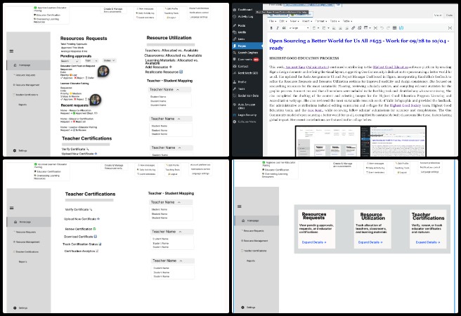 Highest Good Network, One Community, open source, sustainability, eco-solutions, project management, Figma design, resource utilization, teacher certificates, flooring sustainability, scholarly research, statistics, education licensing, accreditation, vegan recipe, infographic review, administrative support, volunteer coordination, live blog, weekly update