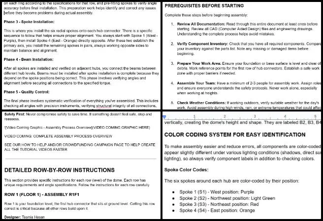 One Community Weekly Progress Update #657, Solutioneering the World We Want, Duplicable City Center assembly instructions review, row 2 hub connector steps, spreadsheet verification and formatting, open source engineering documentation One Community, usability improvements for assembly, sustainable dome construction workflow, clear step-by-step procedures, eco-architecture process standardization