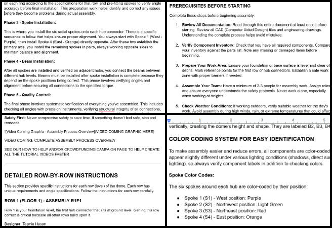 One Community Weekly Progress Update #657, Solutioneering the World We Want, Duplicable City Center assembly instructions review, row 2 hub connector steps, spreadsheet verification and formatting, open source engineering documentation One Community, usability improvements for assembly, sustainable dome construction workflow, clear step-by-step procedures, eco-architecture process standardization