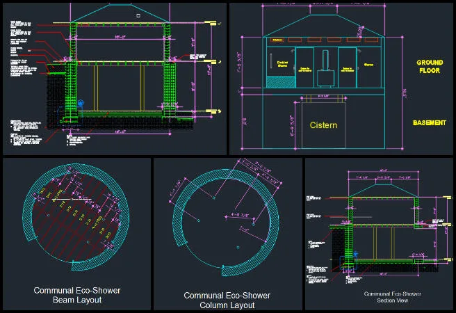 Vermiculture Toilet, sustainable and free-shared eco-solutions, one community weekly progress update #656, structural drawing updates, communal shower design, civil and environmental engineering, floor plan with column supports, beam layout plan, sectional view modification, elevation drawing updates, structural detailing, architectural coordination, construction design improvement