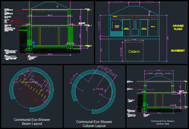 Vermiculture Toilet, sustainable and free-shared eco-solutions, one community weekly progress update #656, structural drawing updates, communal shower design, civil and environmental engineering, floor plan with column supports, beam layout plan, sectional view modification, elevation drawing updates, structural detailing, architectural coordination, construction design improvement