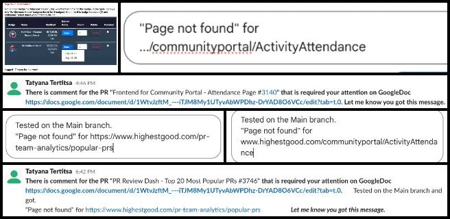 Core Team, HGN PR Testing, Open Sourcing a Better World for Us All, One Community Weekly Progress Update #655, HGN PR testing, software quality assurance, pull request validation, frontend development review, bug tracking and reporting, feature functionality testing, badge testing and documentation, Community Portal Attendance Page, timer interface updates, PR Review Dashboard analysis